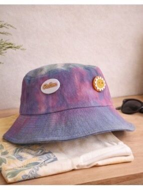 Tie Dye Bucket Hat w/ Pins Good Vibes Smiley Mushroom Festival Hat
